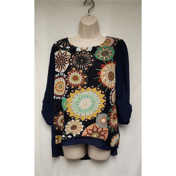 Lan Yi ZI Kou Hi-Low Tunic Blue Geometric Pleated Back 3/4 Sleeve Top Large - Picture 2 of 8